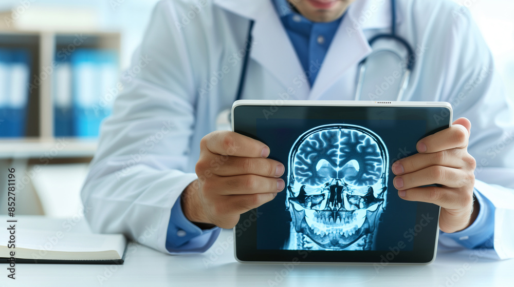 Wall mural Doctor holding a digital tablet with x-ray of brain