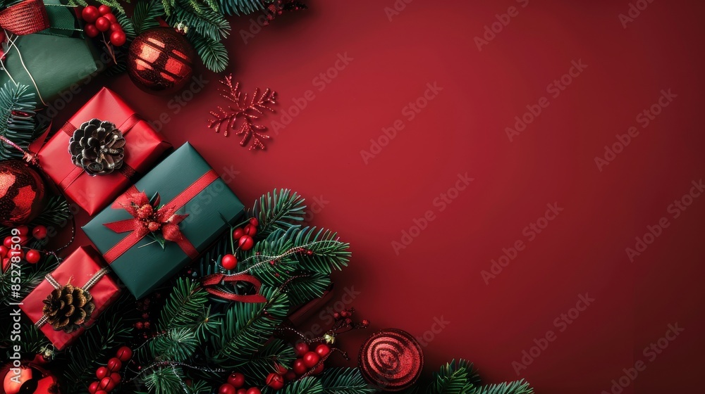 Poster a flat lay image featuring a red background with green and red wrapped christmas gifts, pine branche