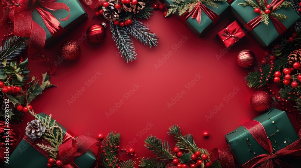Poster a flat lay image showcasing green gift boxes adorned with red ribbons and holly sprigs arranged on a