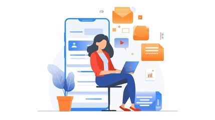 Business woman flies on a pencil and holds a laptop. Concept education, design for bloggers, journalists, interviewer, copywriters. Flat style vector illustration.