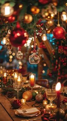 A close-up shot of a beautifully decorated Christmas table setting. The table is adorned with red and gold ornaments, candles, and greenery, creating a warm and inviting atmosphere for a holiday gathe