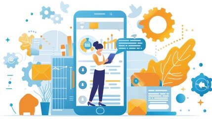 Business woman flies on a pencil and holds a laptop. Concept education, design for bloggers, journalists, interviewer, copywriters. Flat style vector illustration.