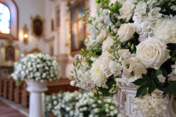 Beautiful decor of white flowers in church for a wedding ceremony