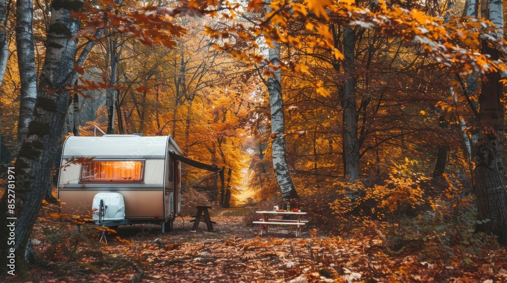 Poster a small trailer is parked in a forest with a picnic table and a bench. the leaves on the ground are 