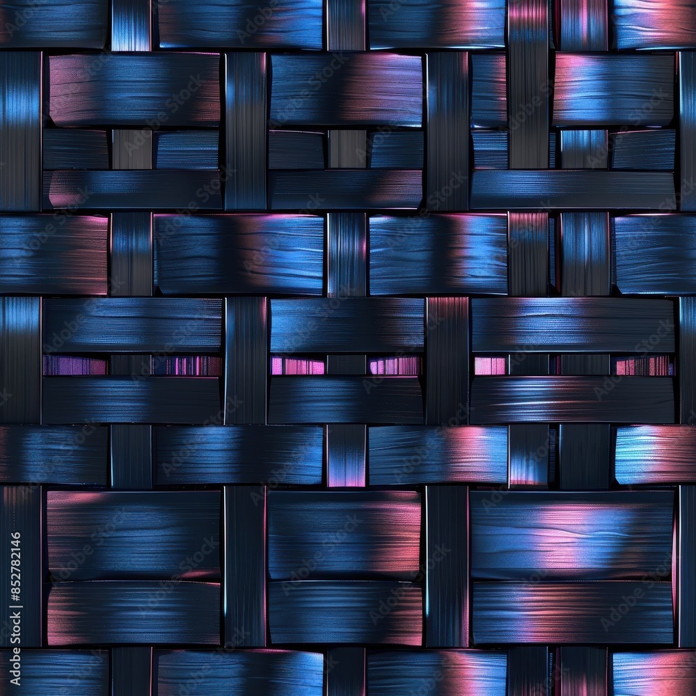 Poster A close-up image of a woven pattern texture with a metallic blue and pink color scheme. The pattern consists of rectangular shapes, woven together to form a repeating, grid-like design. The metallic f