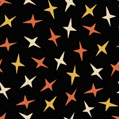 Obraz premium Seamless Pattern with Yellow and Red Doodle Stars. Groovy Hippie 1970s Background. Funny Cartoon Stars. Seamless Pattern in Trendy Trippy Retro Cartoon Style. Hippie 60s, 70s Style.