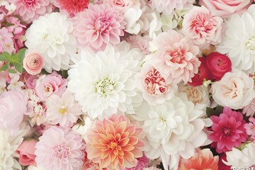 A closeup of a wall covered in white, pink, and red flowers like chrysanthemums, peonies, dahlias, and roses. The background has a dense floral pattern with soft pastel colors