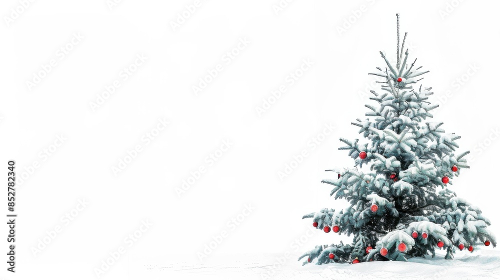 Poster a snow-covered christmas tree stands in a snowy field, decorated with red ornaments. the tree is the