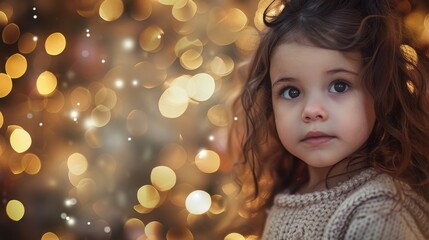 This image shows a young girl with long, curly brown hair looking at a background of out-of-focus Christmas lights. She is wearing a tan sweater.