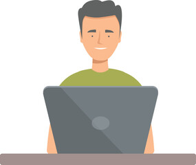 Young man working on laptop, sitting at desk, smiling and looking at screen