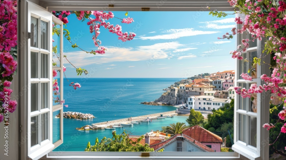 Aufkleber a view of a beautiful beach with a small town in the background. the sky is clear and the water is c