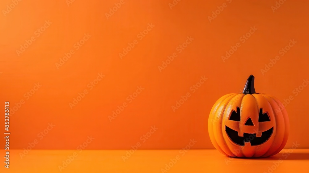 Poster this image features a carved pumpkin with a smiling face, sitting on a bright orange background. the