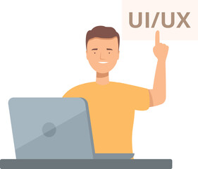 Young adult man working as uiux designer on laptop and pointing at sign with his finger