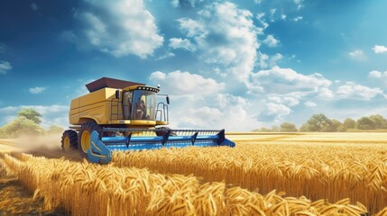 Obraz premium A harvester is working in the wheat field