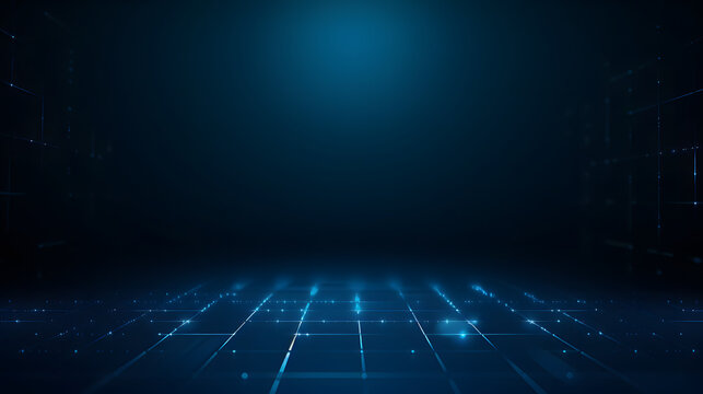Abstract blue grid perspective design background with lighting. High technology lines landscape connect of future