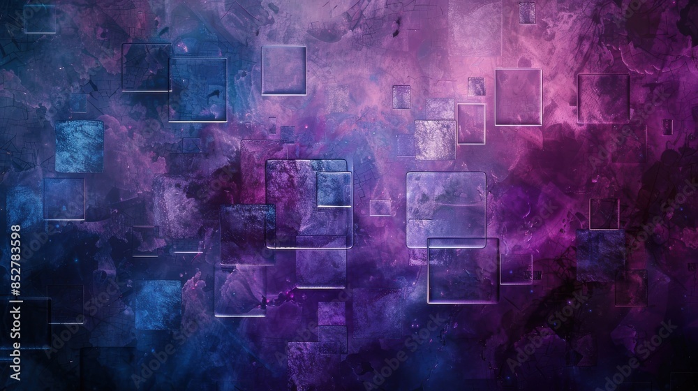 Poster A purple background with a lot of squares and a few circles. The squares are of different sizes and the circles are small. The background is very colorful and has a lot of texture