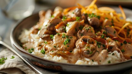 Chicken stroganoff served with rice and shoestring potatoes