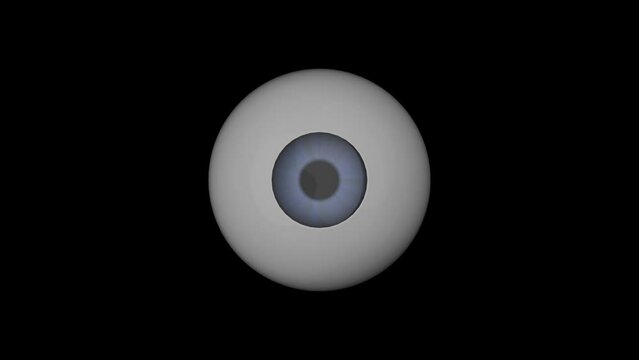 3D animation of an eye moving around with a blue retina on a black background