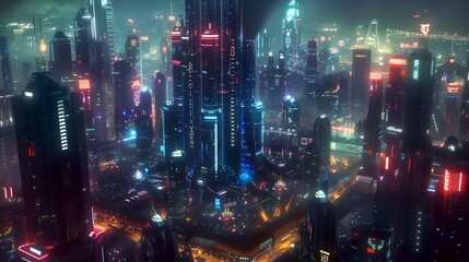 futuristic big city, tall structures, neon lights, night time, intricate architecture