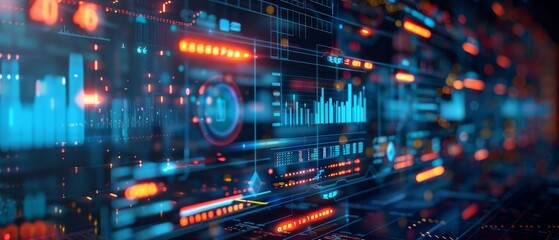Futuristic data visualization with glowing graphs, charts, and analytics in a digital interface. Perfect for tech and finance themes.
