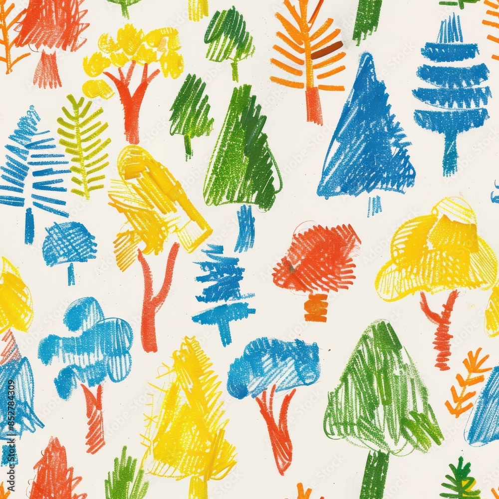 Poster A seamless pattern of colorful hand-drawn trees on white paper. The trees are drawn in various shapes and sizes and are filled with bright colors, including yellow, green, blue, red, and orange. The p