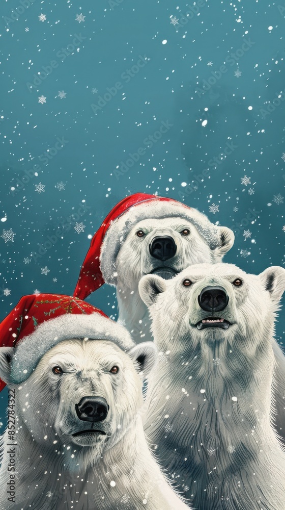Aufkleber three polar bears wearing red hats and santa hats are standing in the snow. the image has a festive 