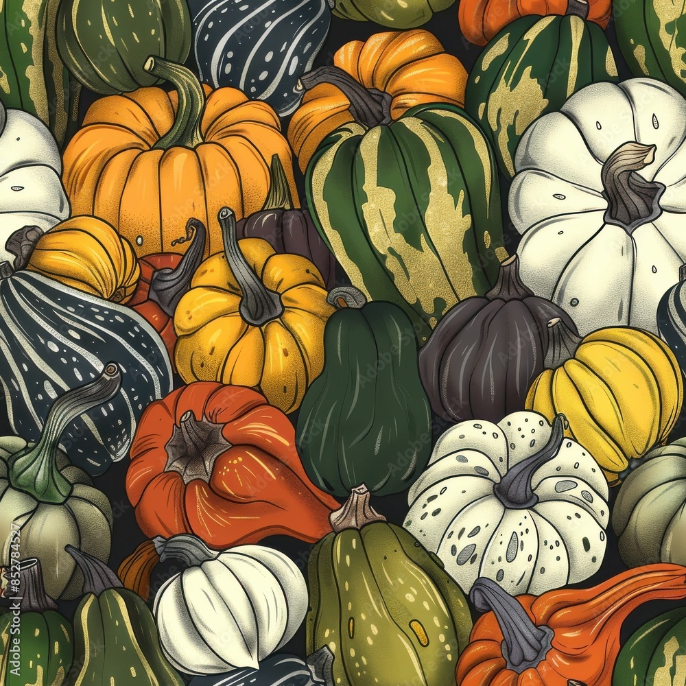 Poster a colorful array of pumpkins in various sizes and colors. concept of abundance and harvest season