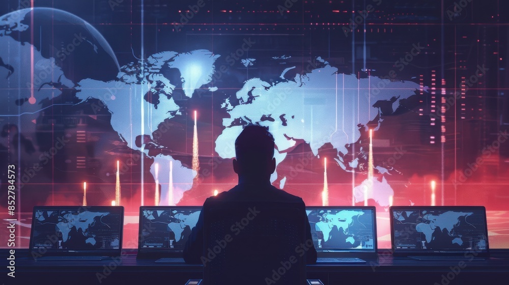 Poster a man is sitting in front of a computer monitor with a map of the world on the screen. the man is lo