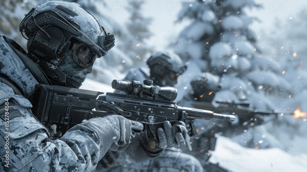 Aufkleber a man in a camouflage jacket is holding a rifle and looking at the camera. he is surrounded by snow 