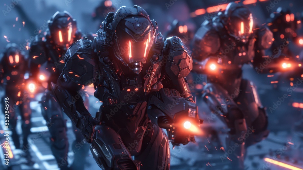 Fototapete a group of soldiers in futuristic suits are running through a battlefield. the soldiers are equipped
