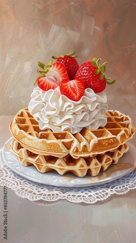Poster a waffle with strawberries and whipped cream on top. concept of indulgence and luxury, as it is a de