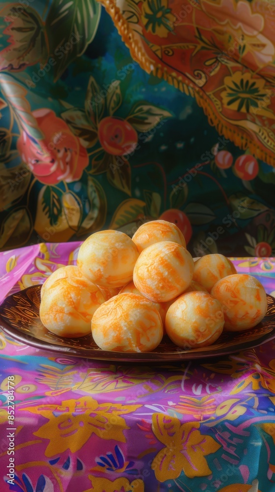 Aufkleber a plate of orange balls sits on a table with a floral patterned cloth. the plate is full of the ball