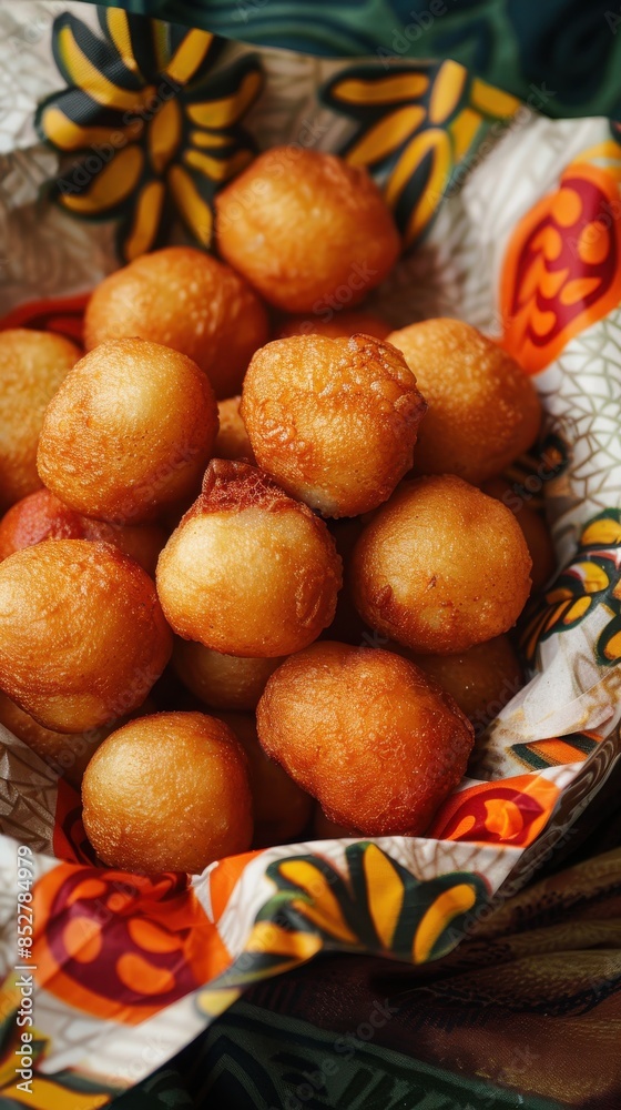 Poster a basket of fried doughnuts with a colorful cloth. the doughnuts are golden brown and appear to be f