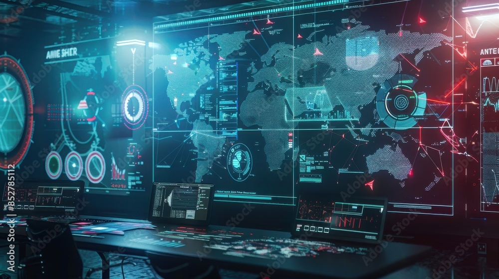 Poster a computer monitor displays a map of the world with a red dot on it. the map is surrounded by a blue
