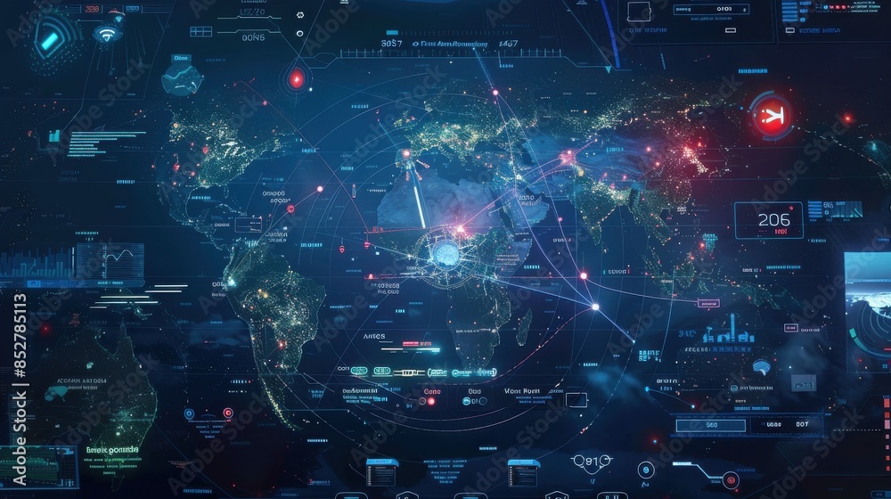 Poster a computer screen shows a map of the world with many dots and lines. the map is filled with informat
