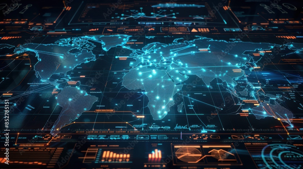 Poster a computer screen shows a map of the world with many lines and dots. the map is in blue and orange c