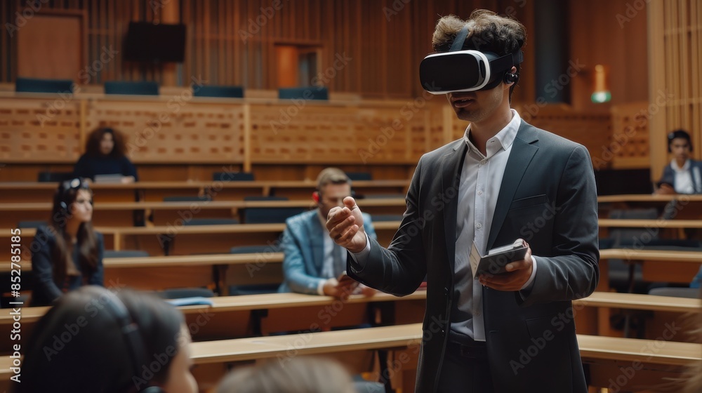 Poster a man in a suit is standing in front of a group of people wearing a virtual reality headset