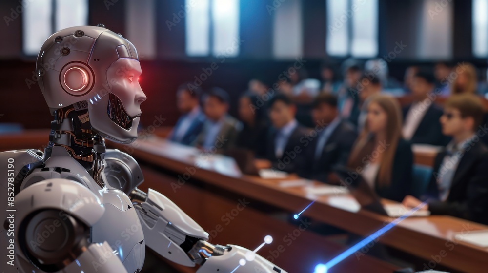 Leinwandbilder a robot is sitting in a classroom with a group of people. the robot is wearing a suit and has a red 