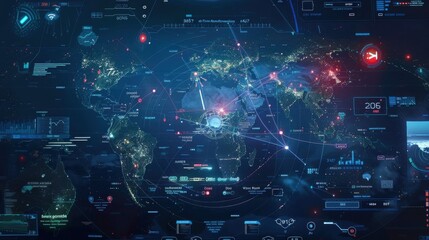 A computer screen shows a map of the world with many dots and lines. The map is filled with information about different countries and their connections. Scene is one of complexity