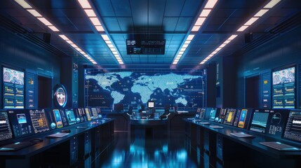 A room with many computer monitors and a large map on the wall. The room is filled with people working on computers