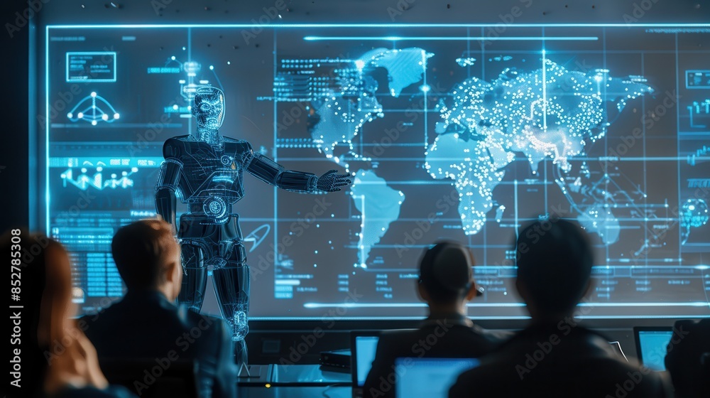 Poster a robot is standing in front of a large screen that shows a map of the world. a group of people are 