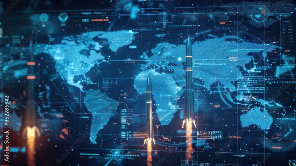 Leinwandbilder a computer screen shows a map of the world with three rockets flying through it. the rockets are in 