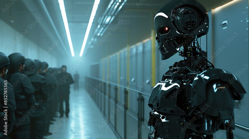 Fototapete a robot stands in a hallway with a group of people. the robot is black and has a skull on its head. 