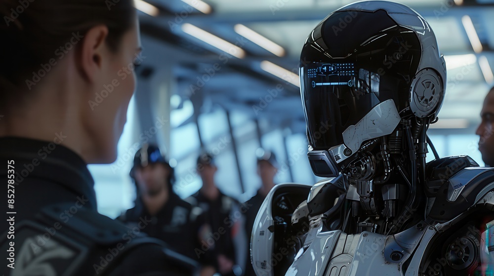 Poster a woman is standing next to a robot. the robot is white and has a blue face. the robot is wearing a 