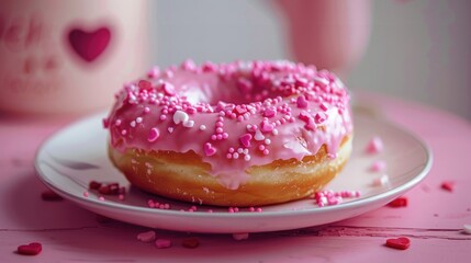 Indulge in a pink donut adorned with heart shaped sprinkles a sweet and adorable treat perfect for celebrating Valentine s Day and spreading love