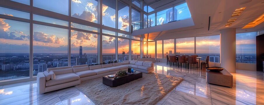 Luxury penthouse with floor-to-ceiling windows.