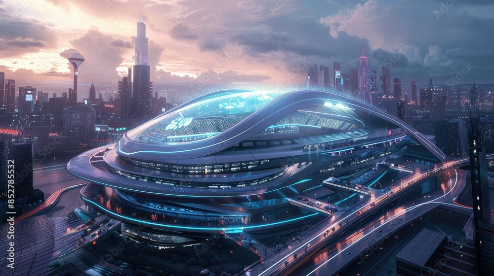 Poster a futuristic city with a large stadium in the center. the stadium is surrounded by buildings and has