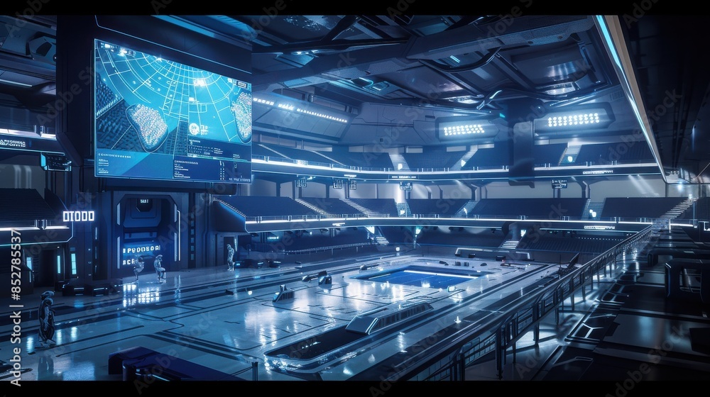 Leinwandbilder A futuristic space station with a large screen showing a map of the galaxy. The room is filled with blue lights and the atmosphere is futuristic and mysterious