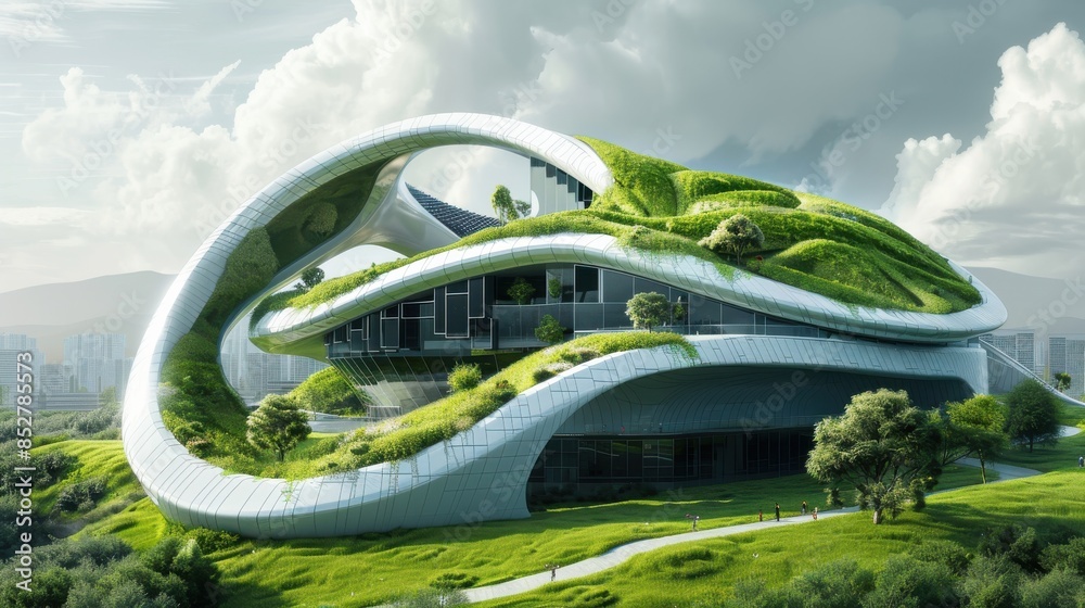 Poster a building with a lot of green plants on it. the building is curved and has a lot of windows