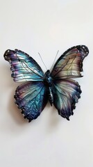 Fototapeta premium A butterfly with a blue and purple body and wings. The butterfly is sitting on a white background